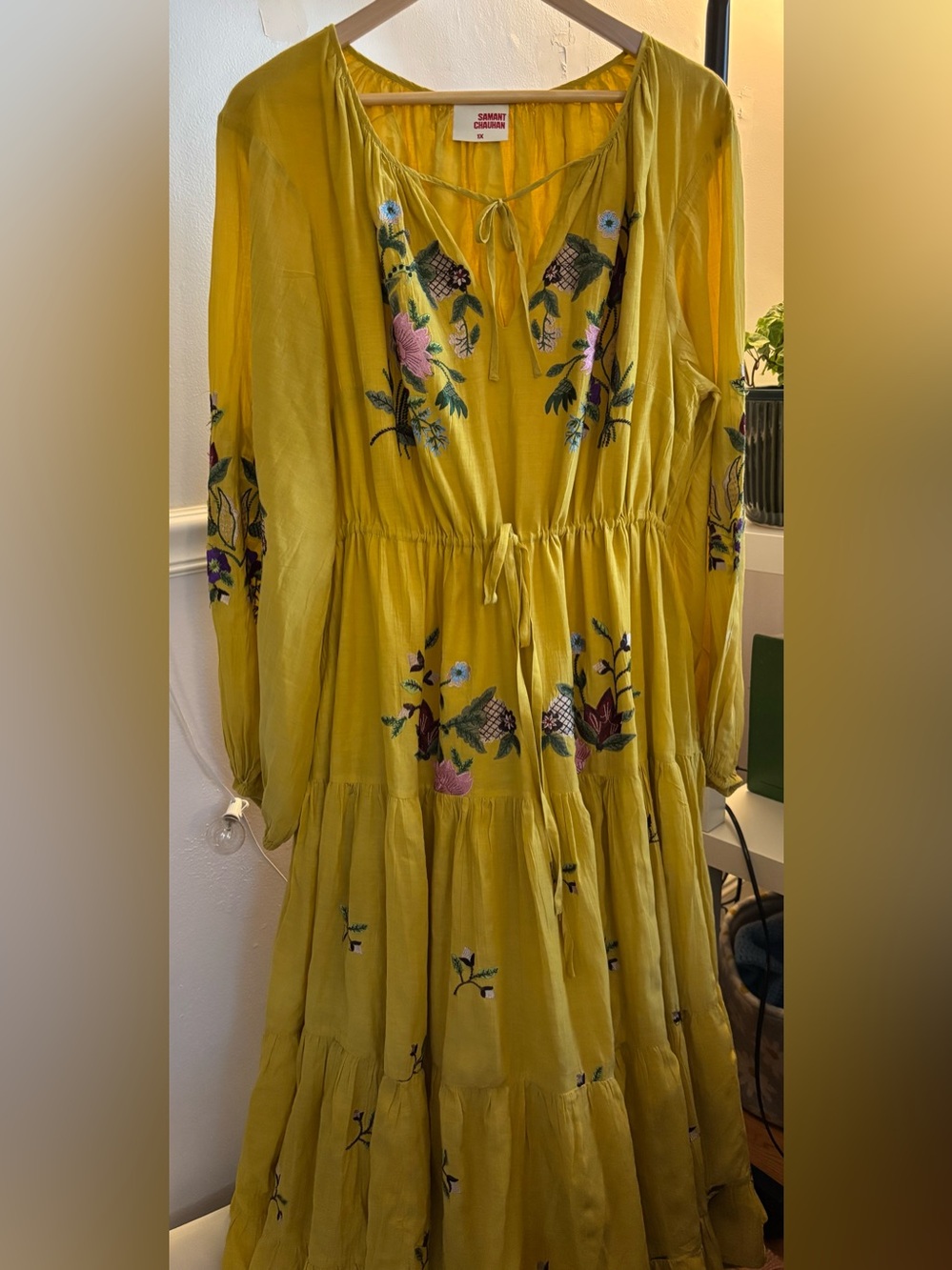 Anthropologie Mustard Yellow Embroidered Long-Sleeve Maxi Dress